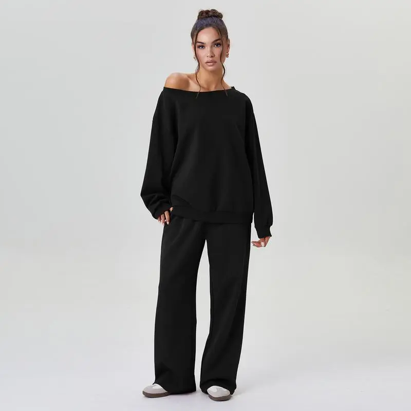 Women's Leisure Solid Color Sloping Shoulder Long Sleeve Top & Wide-Leg Trousers Set