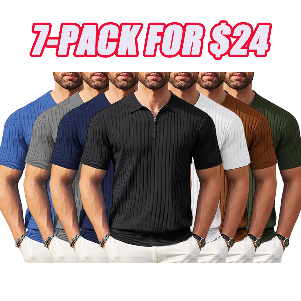Men's Zipper Polo Shirts Short Sleeve Ribbed Knit Polo T Shirts Fashion Casual Golf Shirts