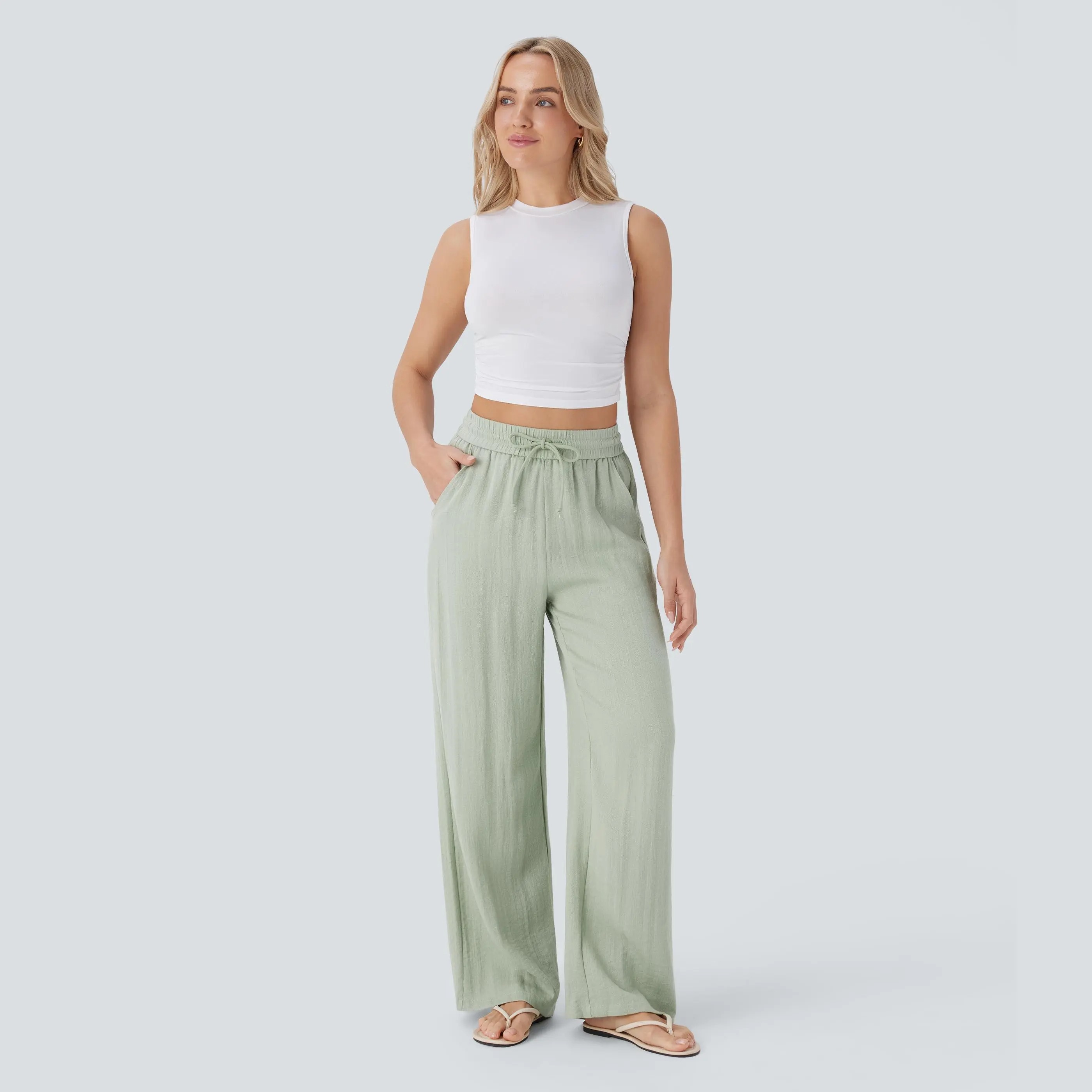 Women's High Waist Drawstring Wide Leg Linen-Feel Casual Pants with Pockets