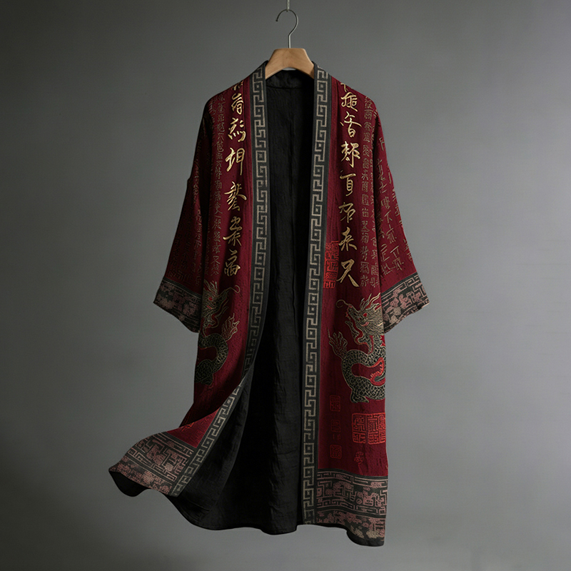 Men's Japanese Dragon Pattern Calligraphy And Painting Art Linen Long Kimono