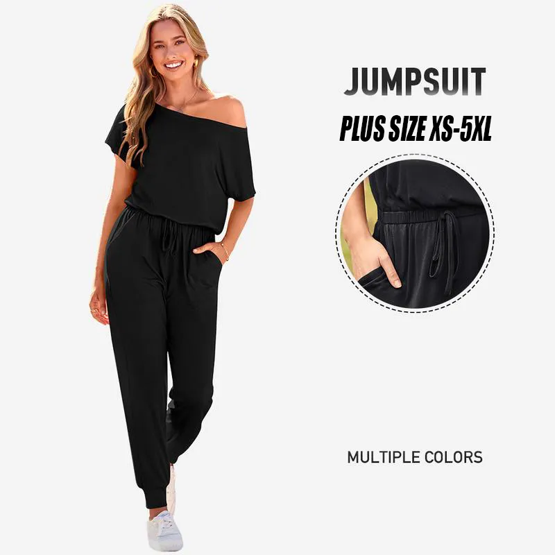 Limited-Time Clearance! 🛍️Women's Plus Size Off-Shoulder Jumpsuit – Summer Casual Romper with Elastic Waist, Fake Drawstring & Pockets