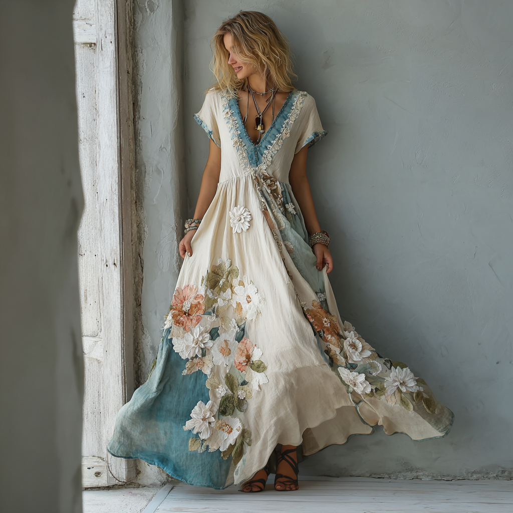 Women's Vintage Oil Painting Floral Art Stitching Linen Dress