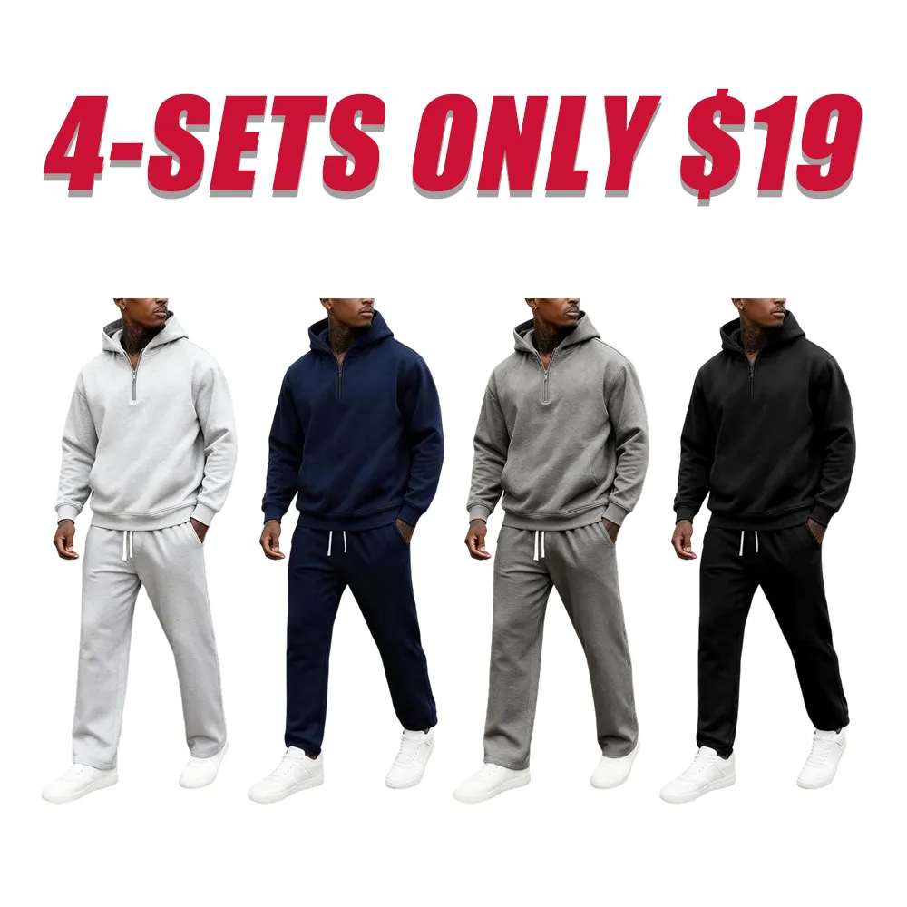 Men's Plain Two-piece Sweatsuit Set, Basic Regular Fit Casual Drop Shoulder Half Zip Hoodie & Pocket Drawstring Sweatpants