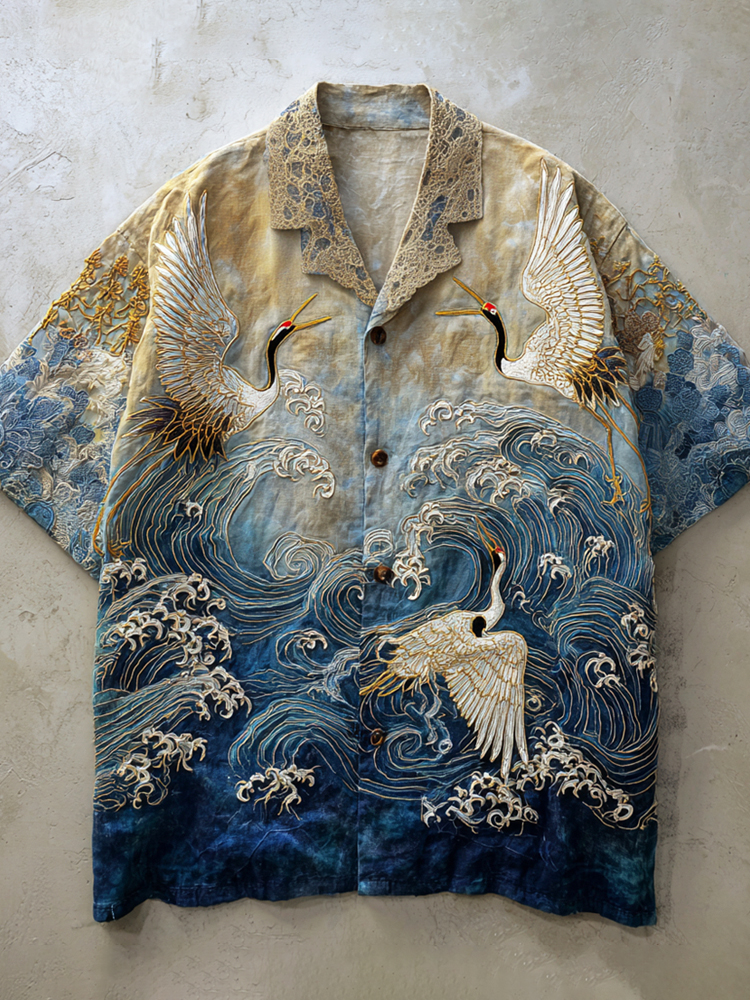 Vintage Japanese Crane Ocean Art Men's Linen Short Sleeve Shirt
