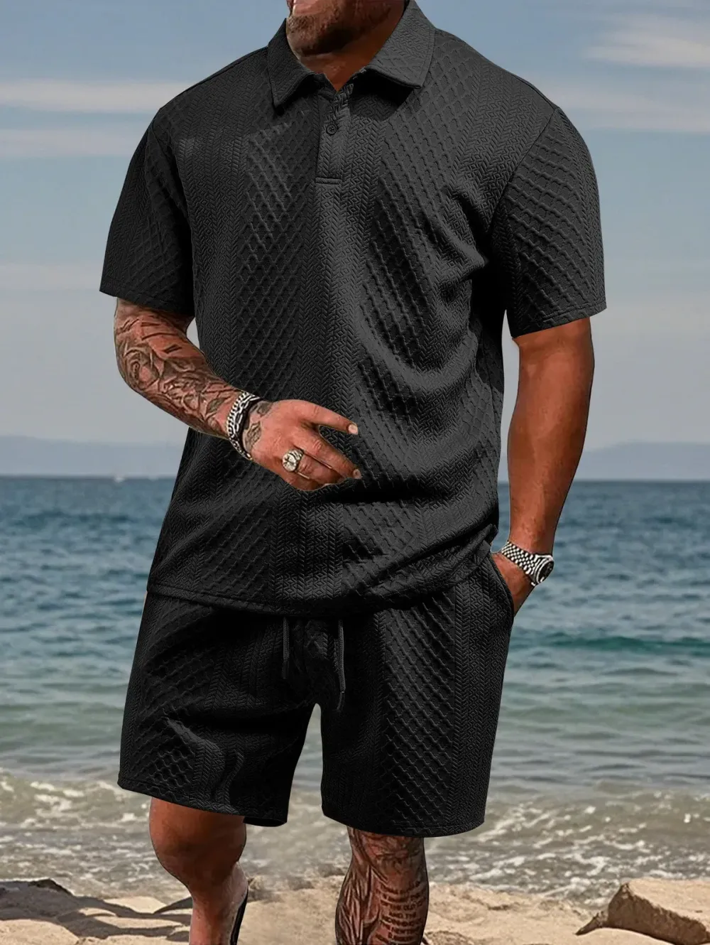 🔥Men's Solid Polo Shirt & Drawstring Waist Shorts Set, Cozy Breathable Two-piece Outfits for Daily Outdoor Wear, Men Clothes for Summer