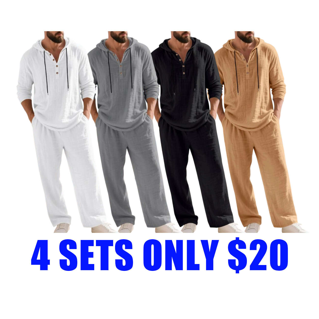 Men’s Linen Hooded Two-Piece Set with Wide-Leg Pants