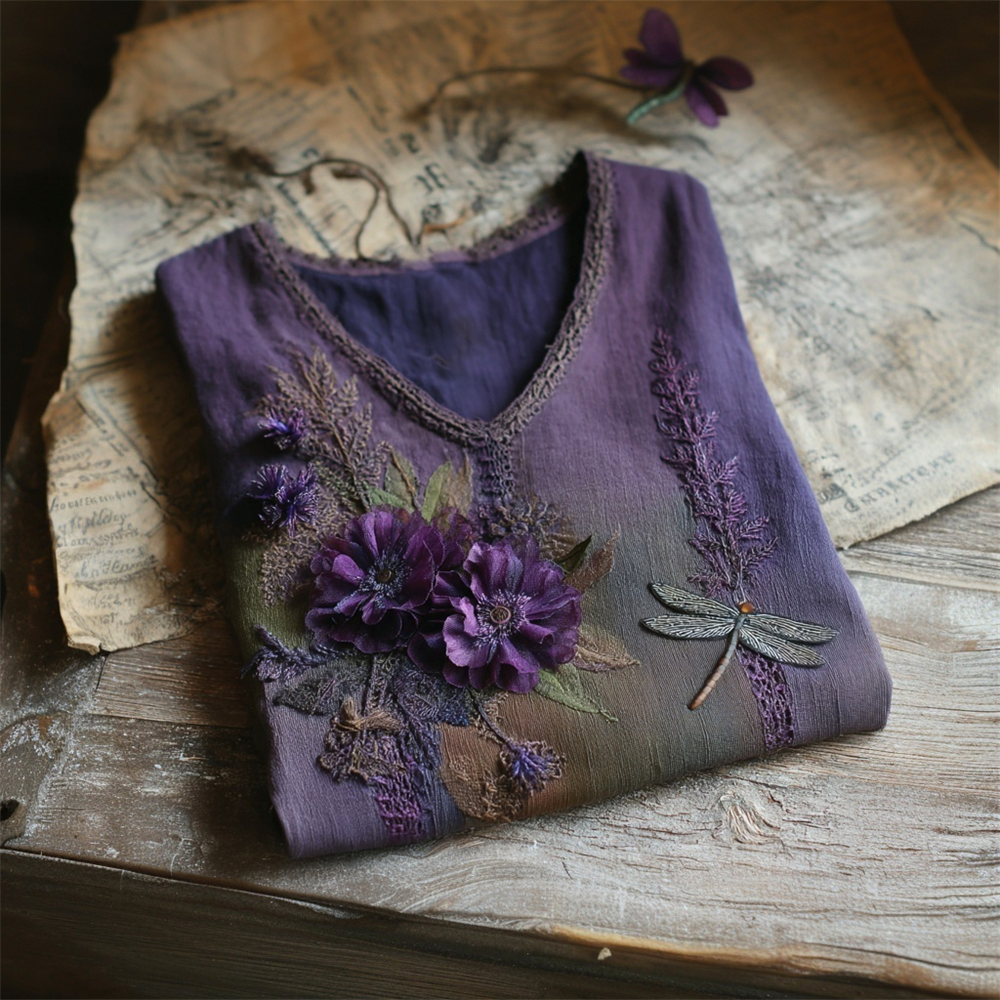 Vintage Boho Dragonfly Floral Embroidery Women's V-neck Linen T-shirt
