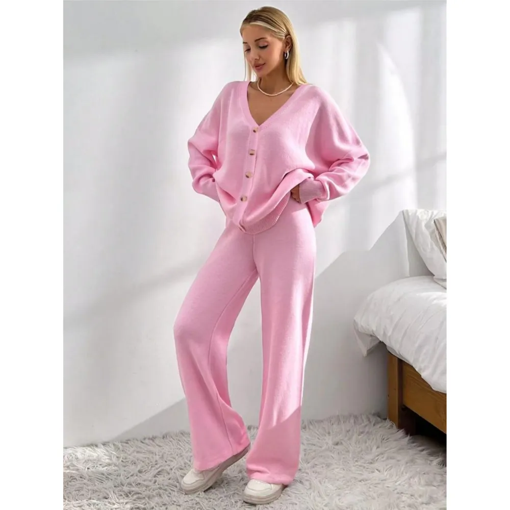 Women's Button Front V-Neck Cardigan & Wide Leg Pants Set