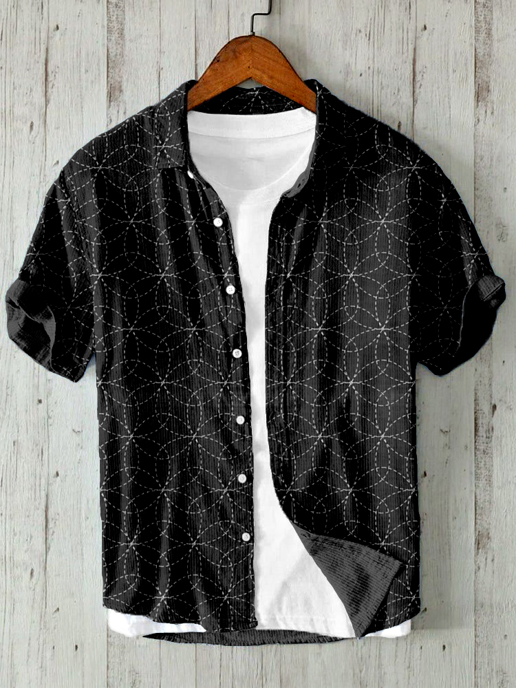 Japanese Hana Zashi Flower Sashiko Art Linen Blend Shirt
