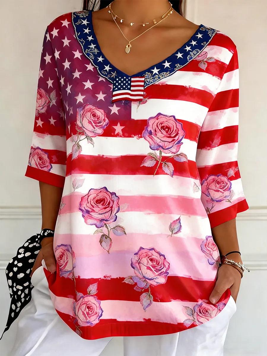 Women's Patriot Watercolor Rose American Flag V-Neck Top