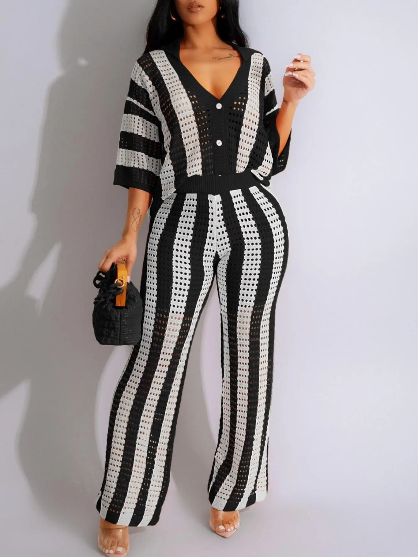 Two-Piece Set Women's Colorblock Striped Print Hollow Out Button Front Top & Wide Leg Pants