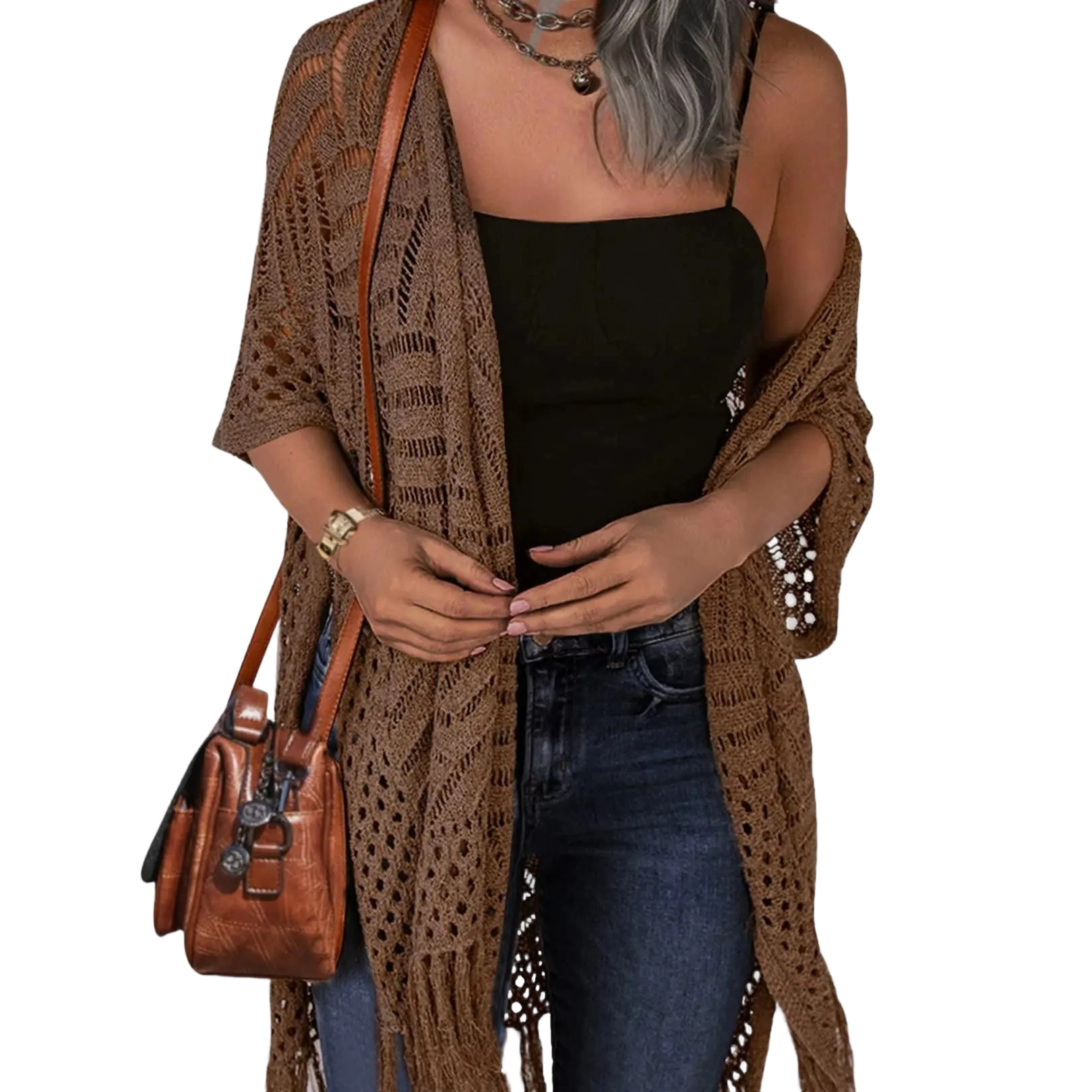 Womens Knit Cardigan Open Front Outwear New Spring & Summer Hollow Out Crochet Tassel Lightweight Kimonos Sweater