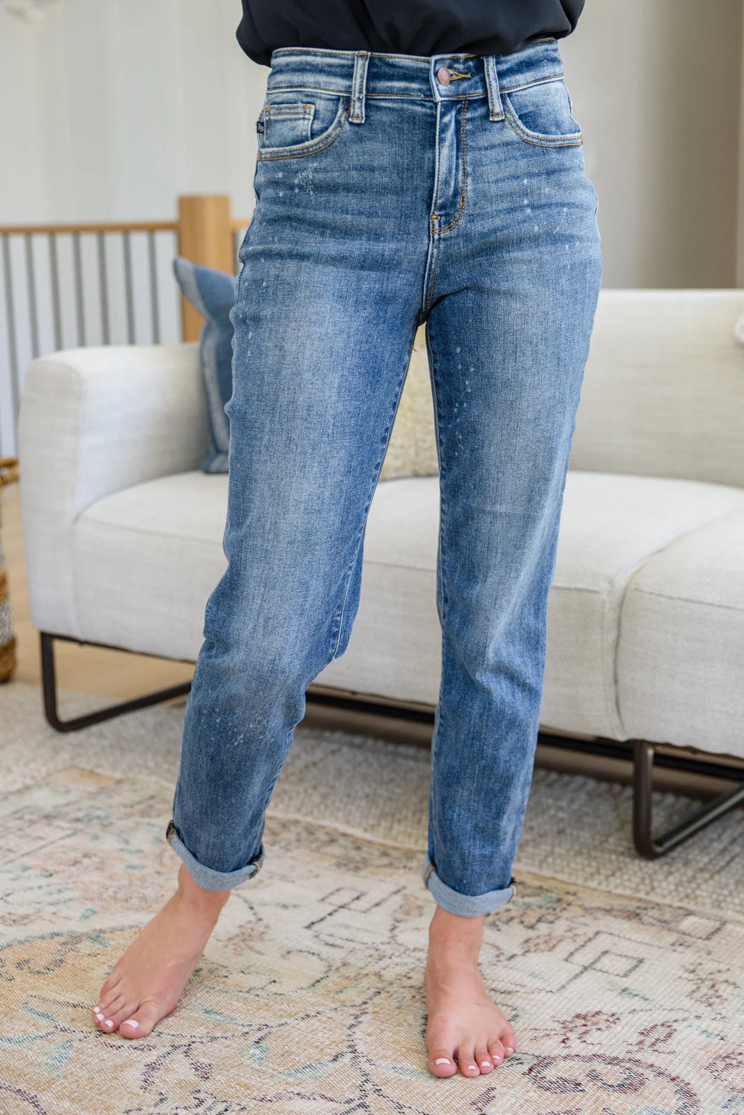Hi Rise Bleach Splash Boyfriend Jeans