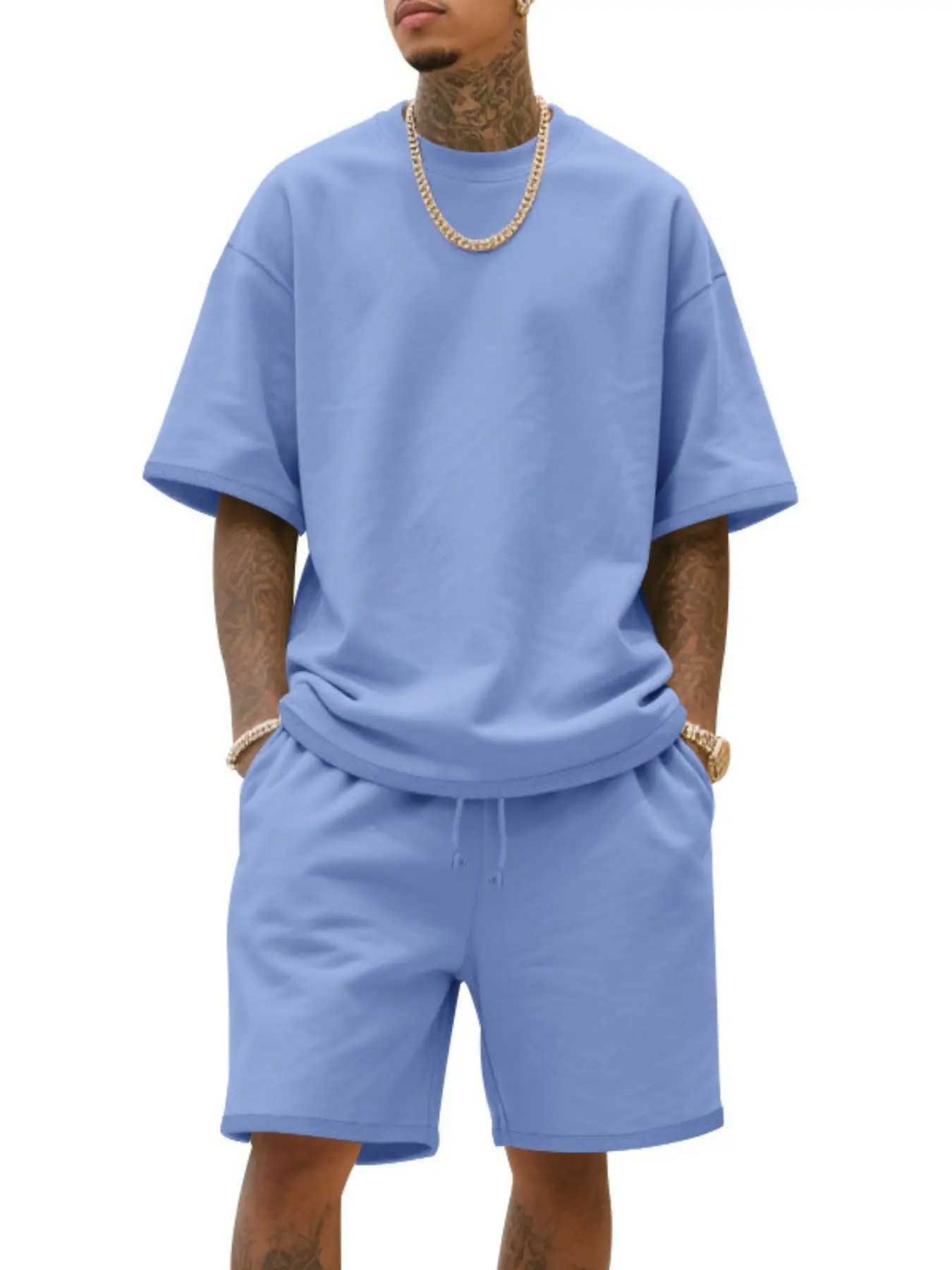 Men's Summer Casual Set, Pure Color Round Neck Short Sleeve Tee & Shorts