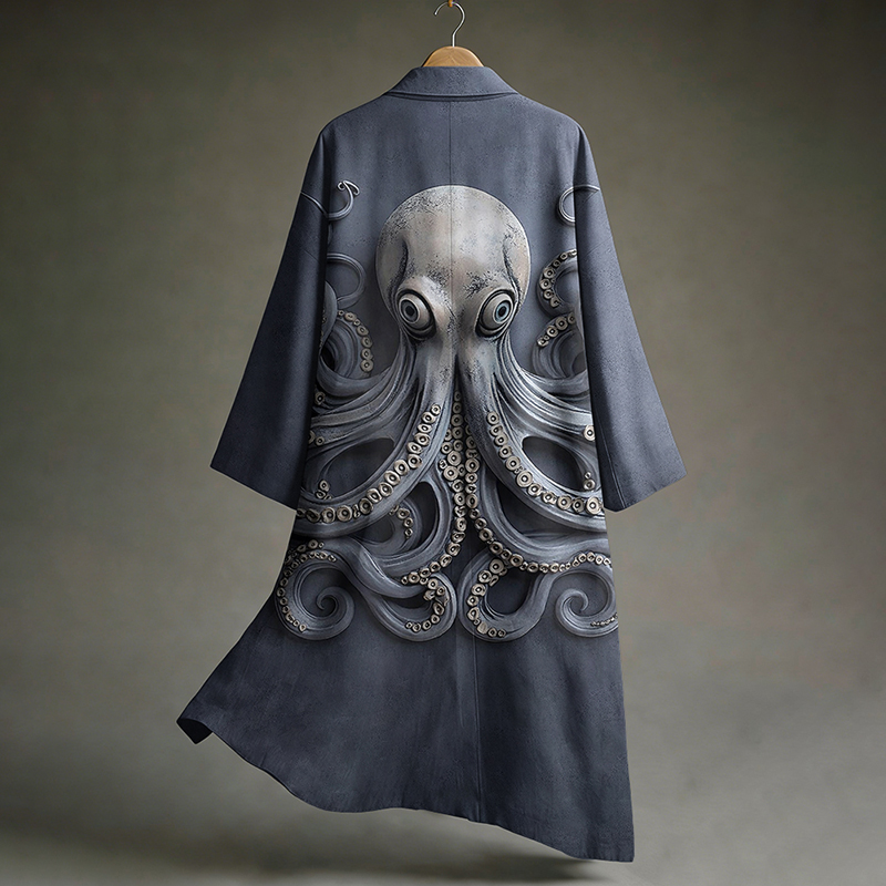 Men's Vintage Japanese Art Octopus Print  Linen Long Kimono