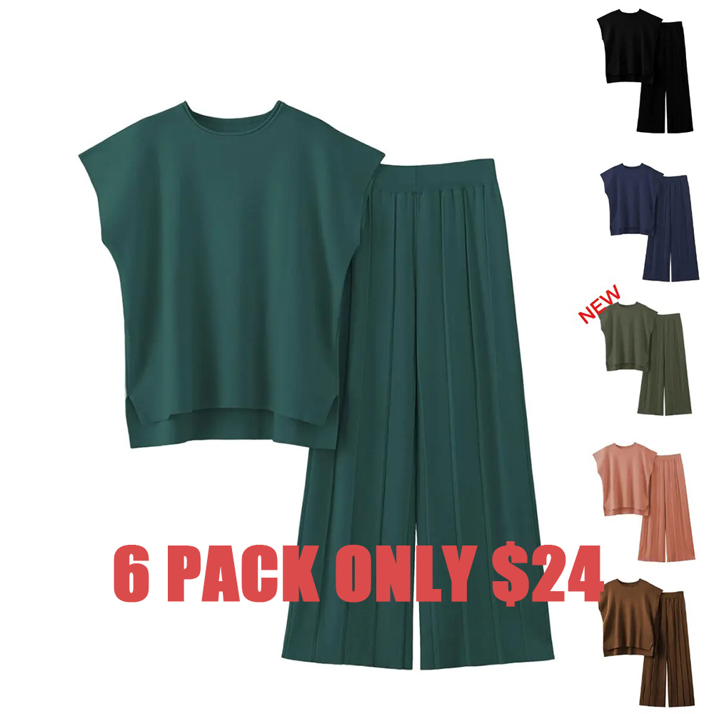 Lounge Sets for Women Two Piece Outfits Knit Cap Sleeve Tops Wide Leg Pleated Pants Casual Dressy Sweater Sets