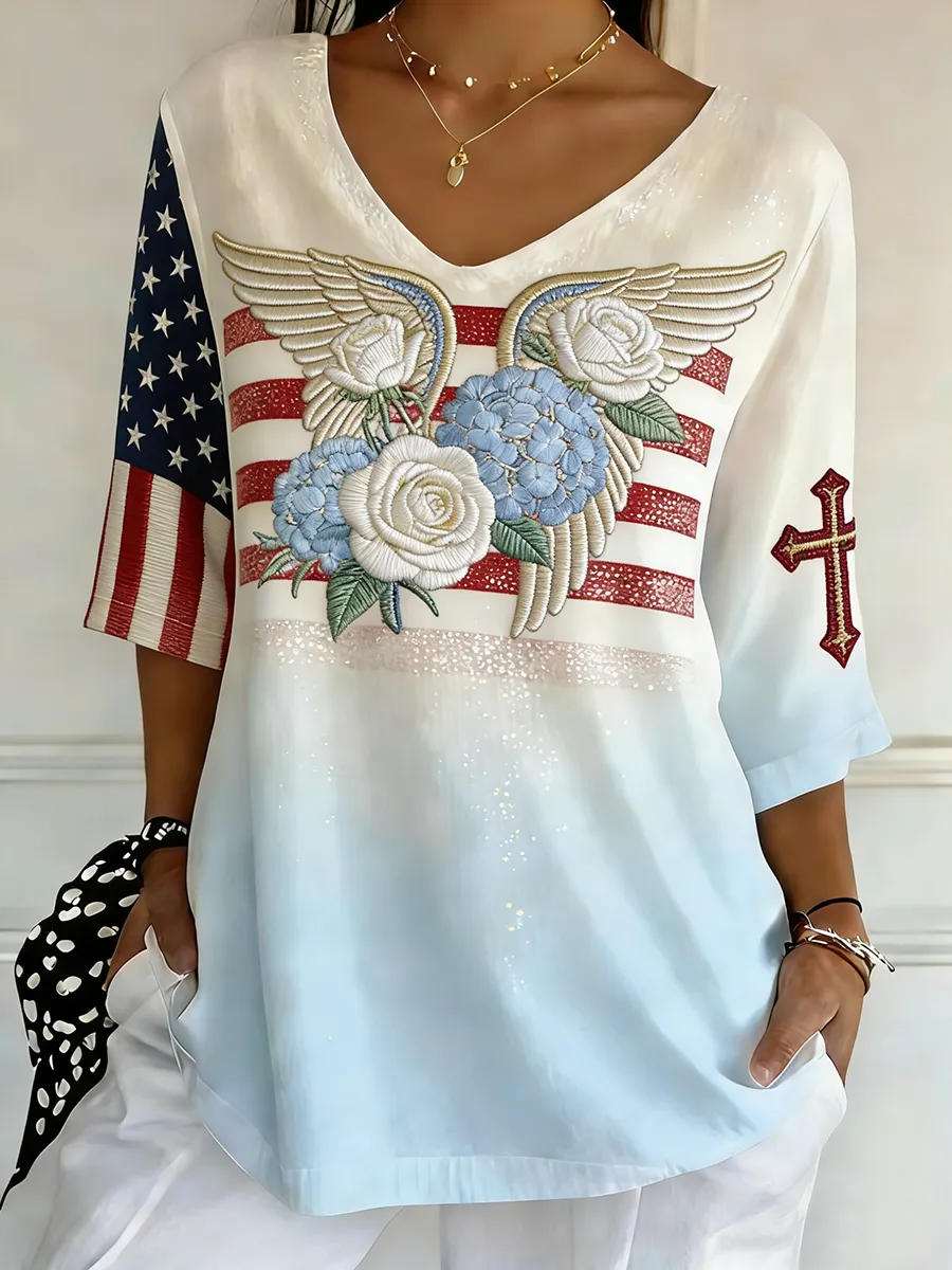 Women's Patriotic Wing Flower and Cross American Flag Gradient V-neck Top