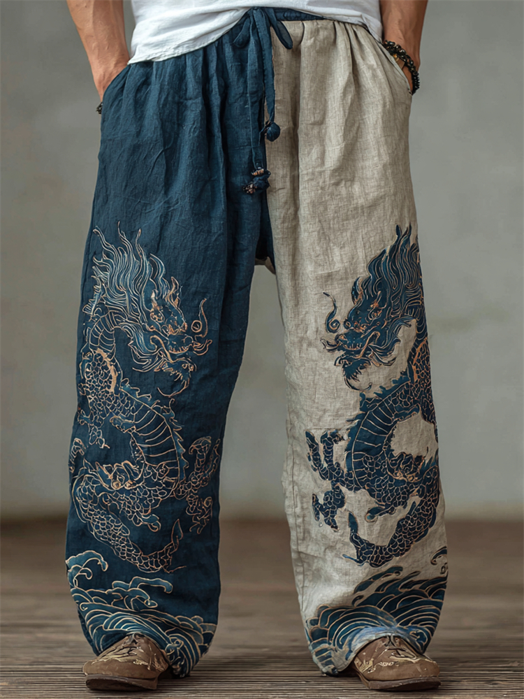 Men's Japanese Dragons Sea Waves Contrast Wide Leg Linen Pants
