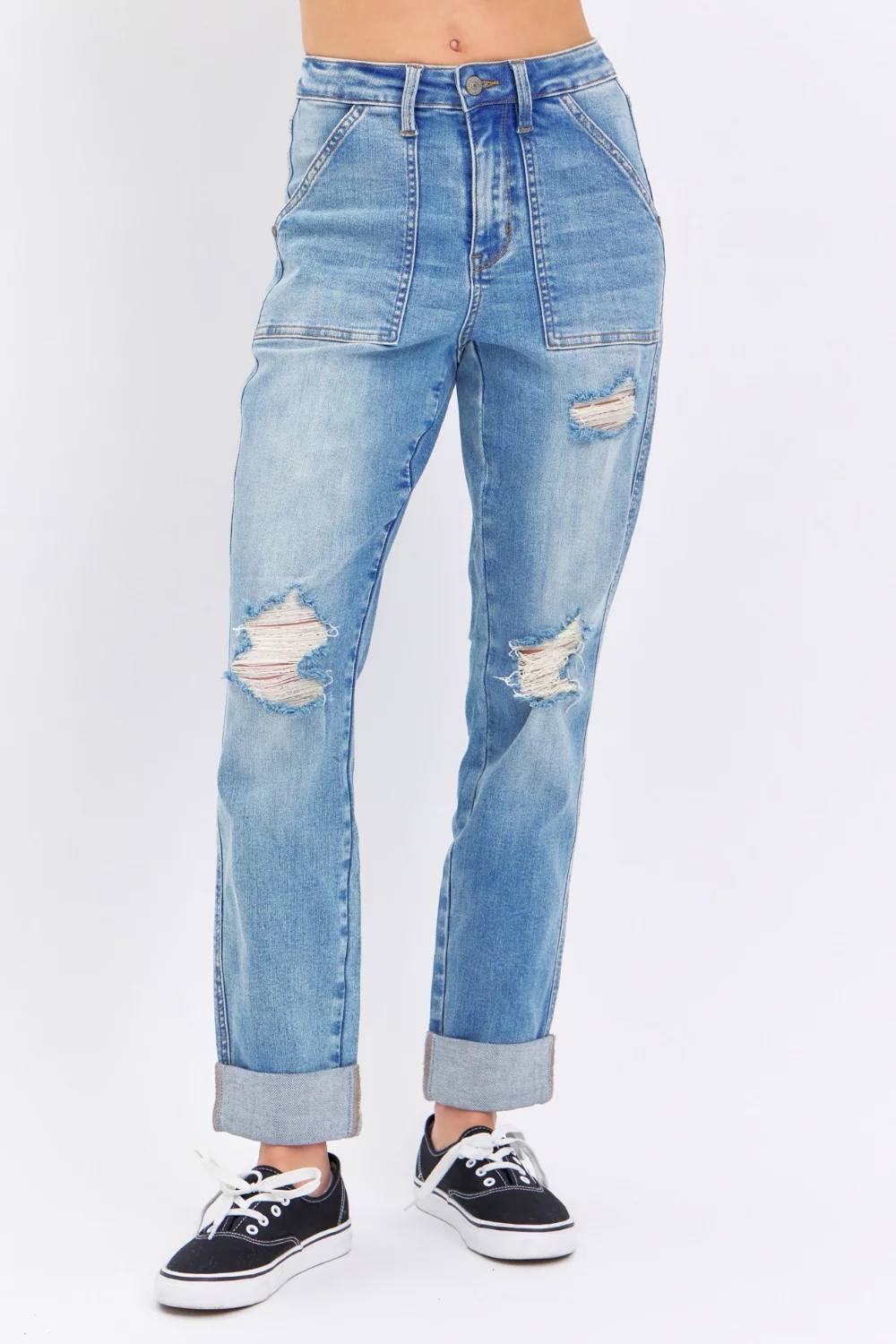 Blue Full Size Distressed Straight Jeans with Patch Pockets