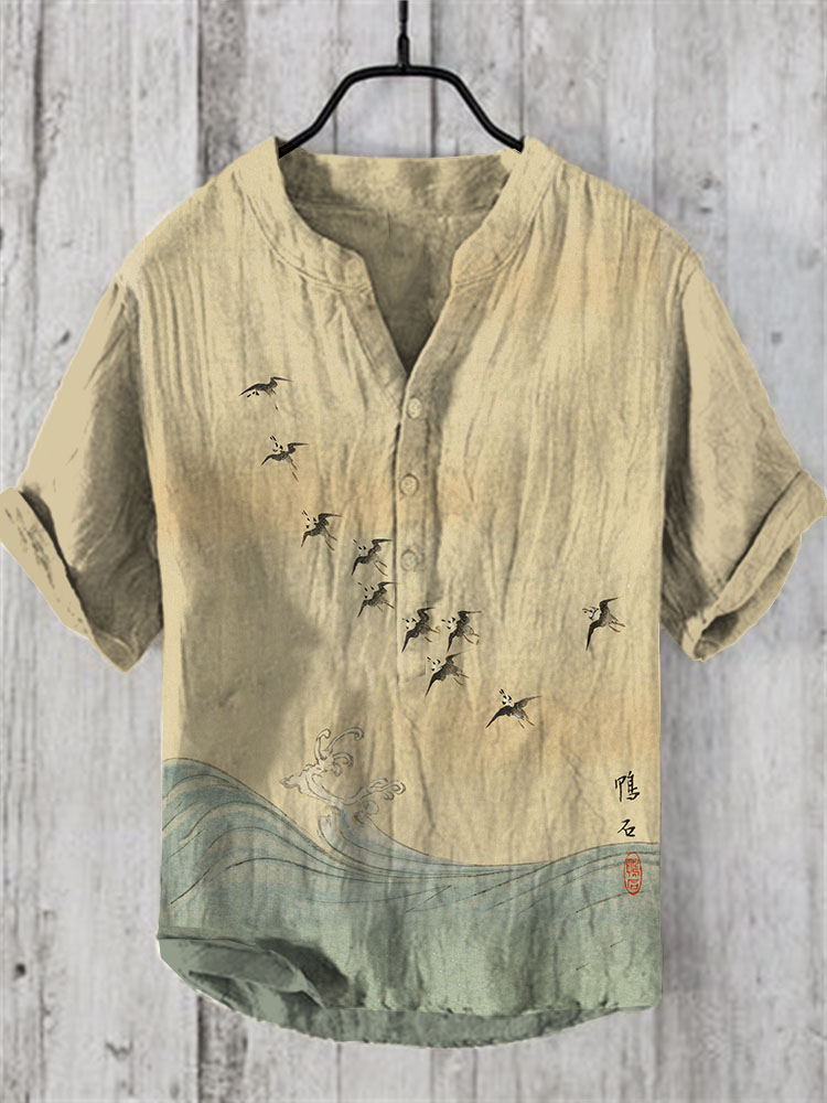 Men'sVintage Japanese Birds Waves Art Prints Linen Blend Shirt
