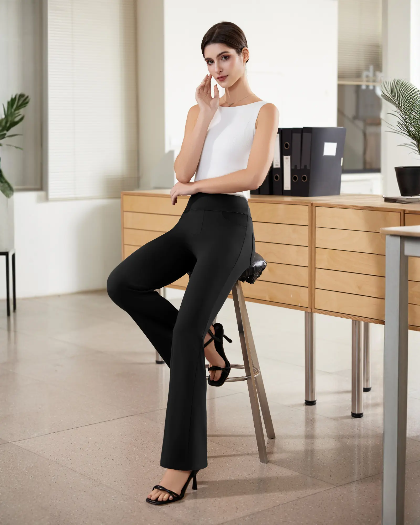 Womens Dress Pants Stretchy Work Pants Business Casual Office Trousers Pull On Flare Slacks