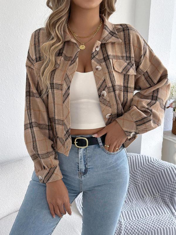 Women's Plaid Button Front Drop Shoulder Jacket