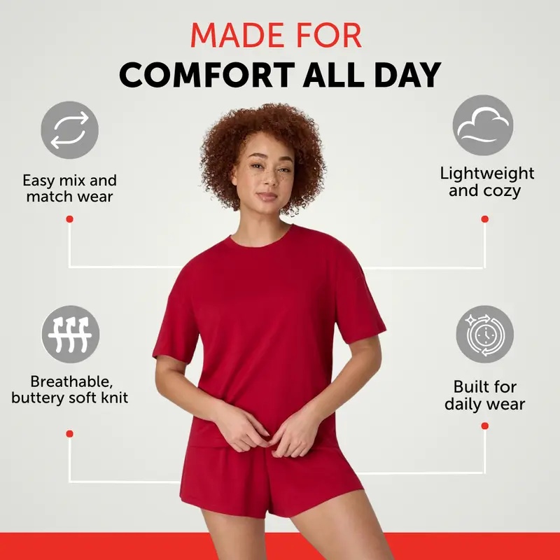 Hanes Originals 2 Piece Lounge Set Comfywear Supersoft Boxy T-shirt & Sleep Shorts Loungewear Women's Comfortable Fit Soft Stretch Fabric Breathable Hla202
