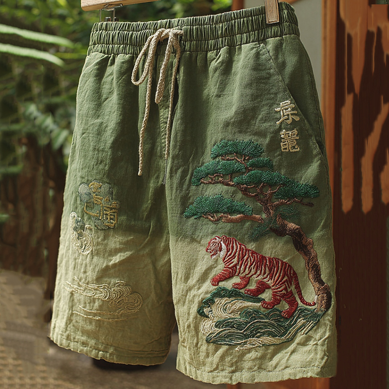 Men's Japanese Tiger Art Contrast Linen Short Pants