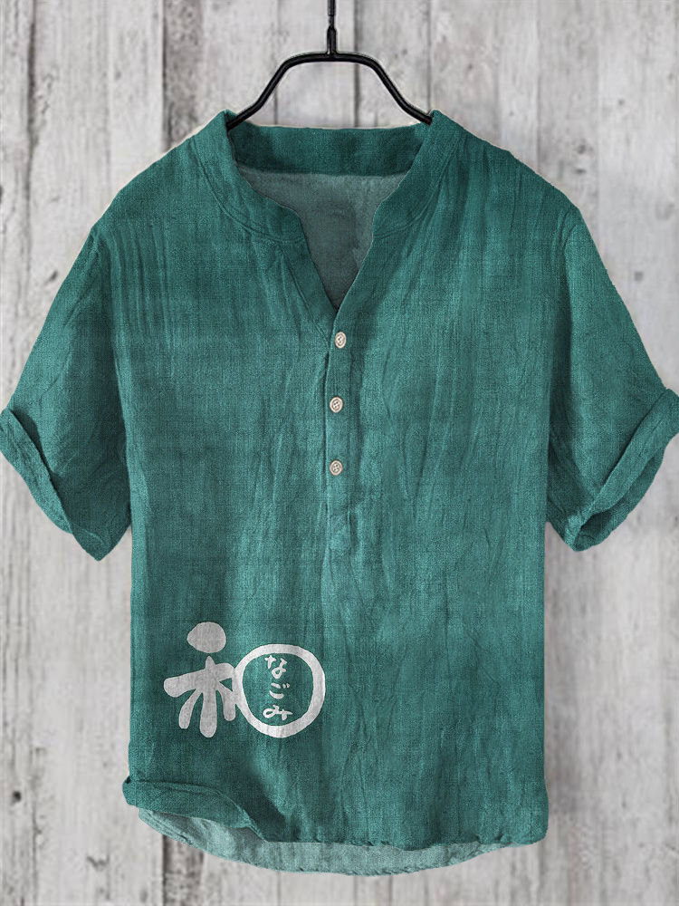 Japanese Word Art Linen V-Neck Shirt