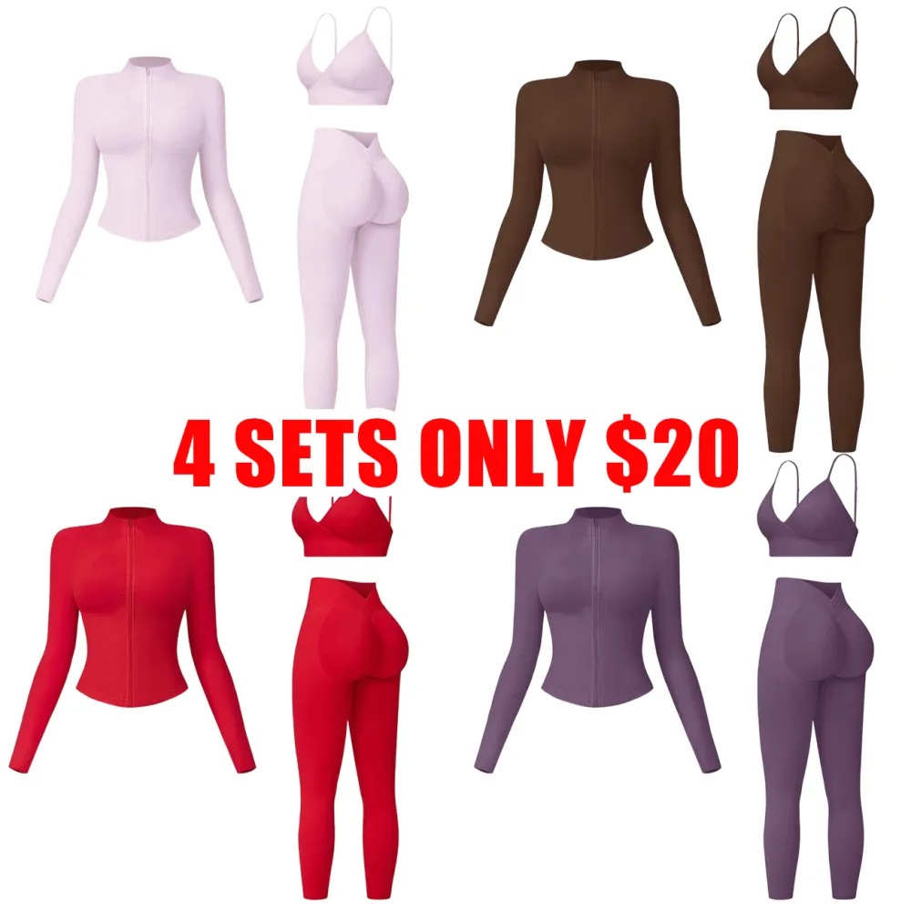 Women’s 3-Piece Seamless Workout Set – Crop Tank, Zip Jacket & High-Waist Leggings