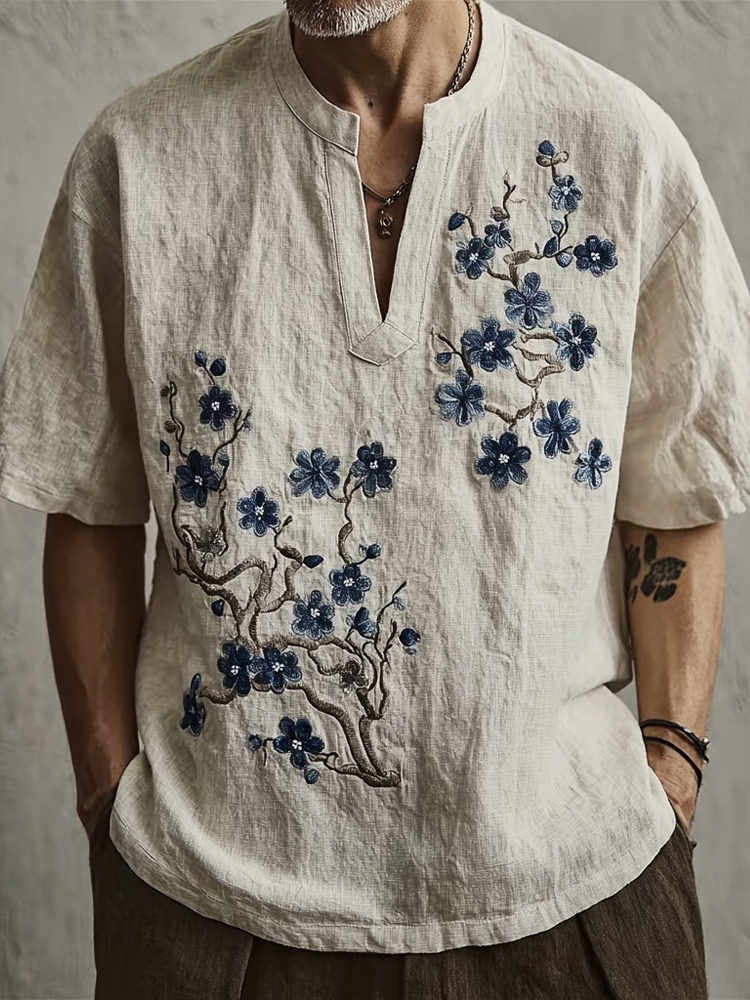 Vintage Japanese Plum Blossom Art Cozy Linen Shirt