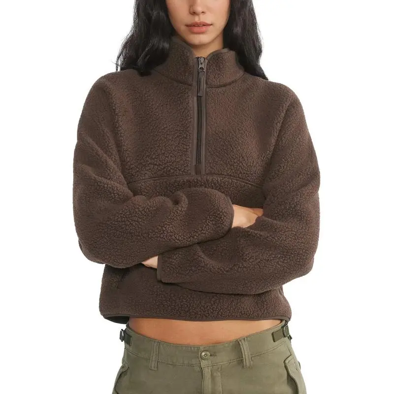 Women’s Fleece Cropped Pullover – Half Zip Sherpa Jacket with Pockets