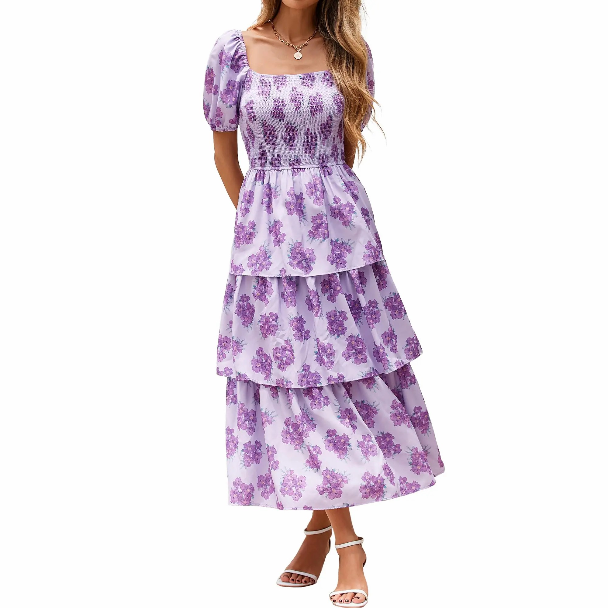 Women's Square Neck Smocked Dress with Puff Short Sleeve Floral Casual Ruffle Tiered Wedding Guest Dress