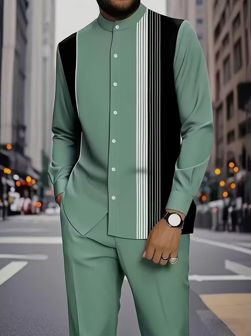 Men’s Black & White Stripe Button-Up Shirt and Drawstring Pants 2-Piece Set