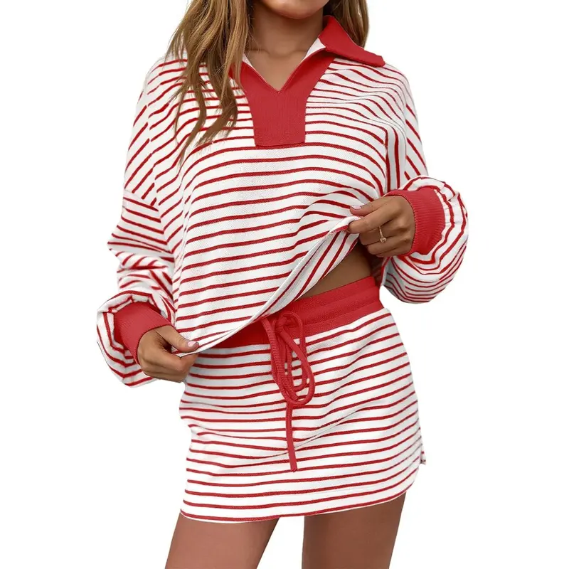 Striped 2 Piece Outfits Casual Sweatshirt Skirt Set Long Sleeve Skort Workout Set Matching Lounge Sets Women's Matching Sets