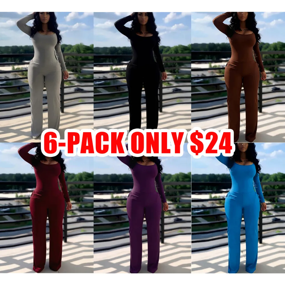 Women’s Fitted Long Sleeve Jumpsuit with Low Neck & Pockets