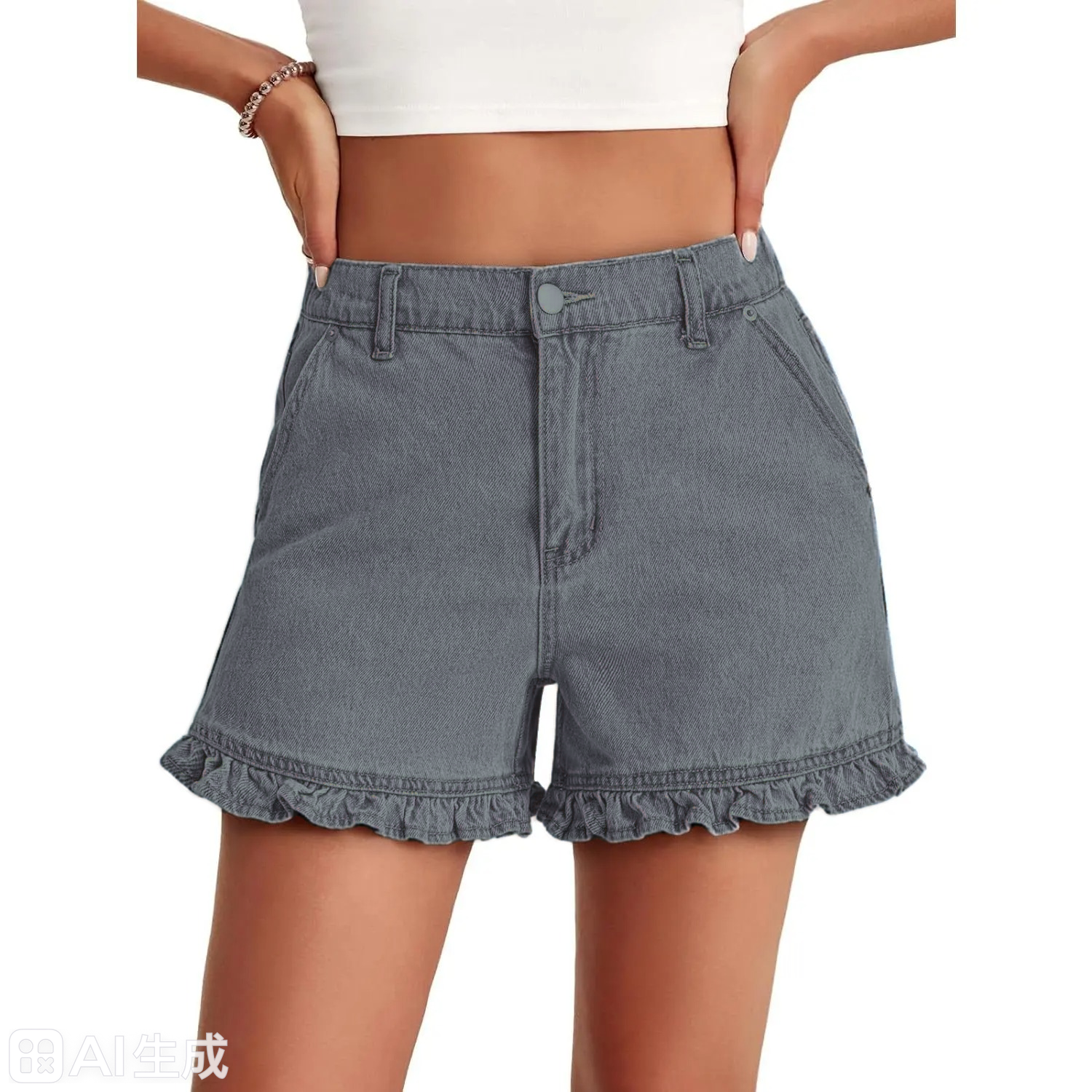 Cute High Waisted Denim Shorts with Ruffle Hem for Women -