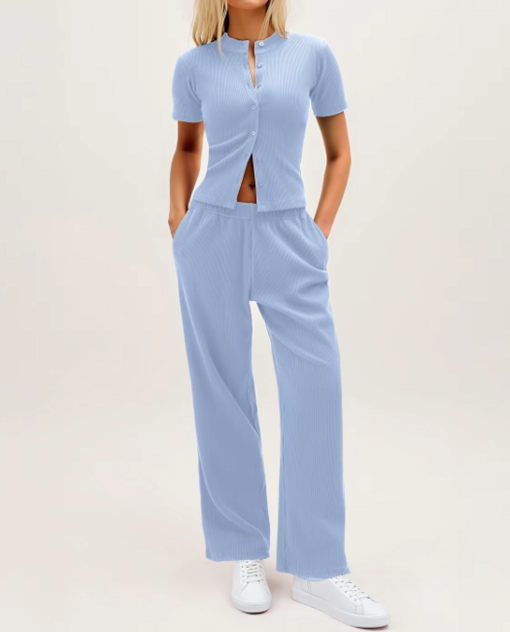 Chic Women's Button-Up Top & Wide Leg Trouser Set – Casual & Comfy!