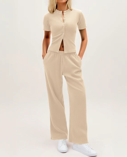 Chic Women's Button-Up Top & Wide Leg Trouser Set – Casual & Comfy!