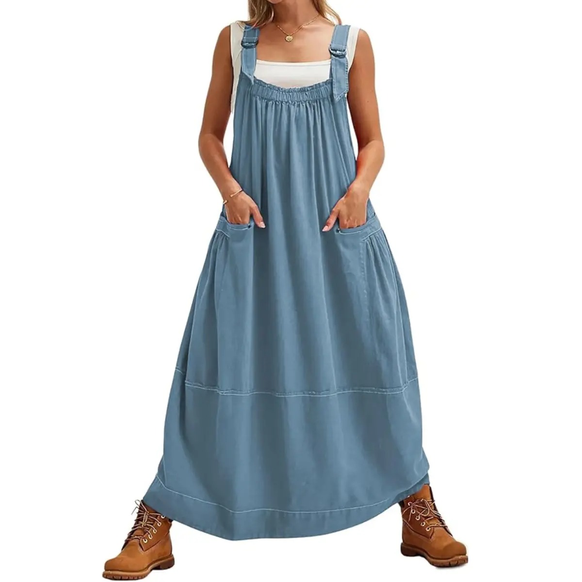 Women's Sleeveless Strappy Barrel Midi Dress with Pockets & Adjustable Straps