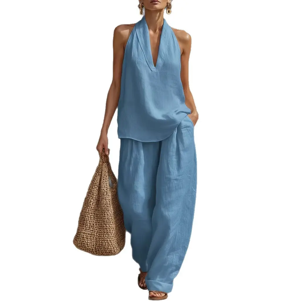 Boho Linen Two Piece Set - Perfect for Beach, Vacation & Brunch! Halter Neck Sleeveless Top Wide Leg Pants Set