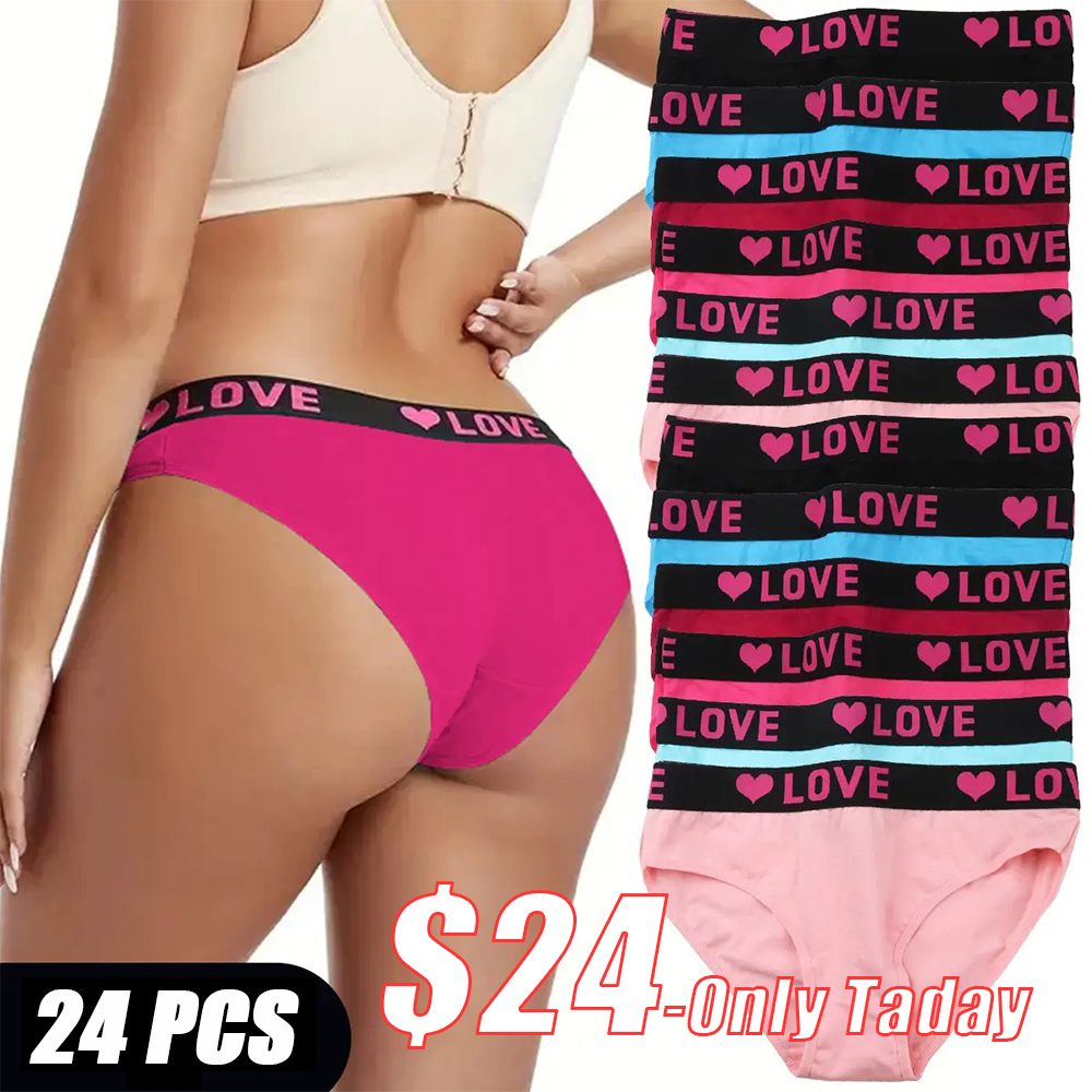 24 Pack High Rise Comfortable Casual Panties Set - Women's Plain Letter Tape Panties for Everyday Wear