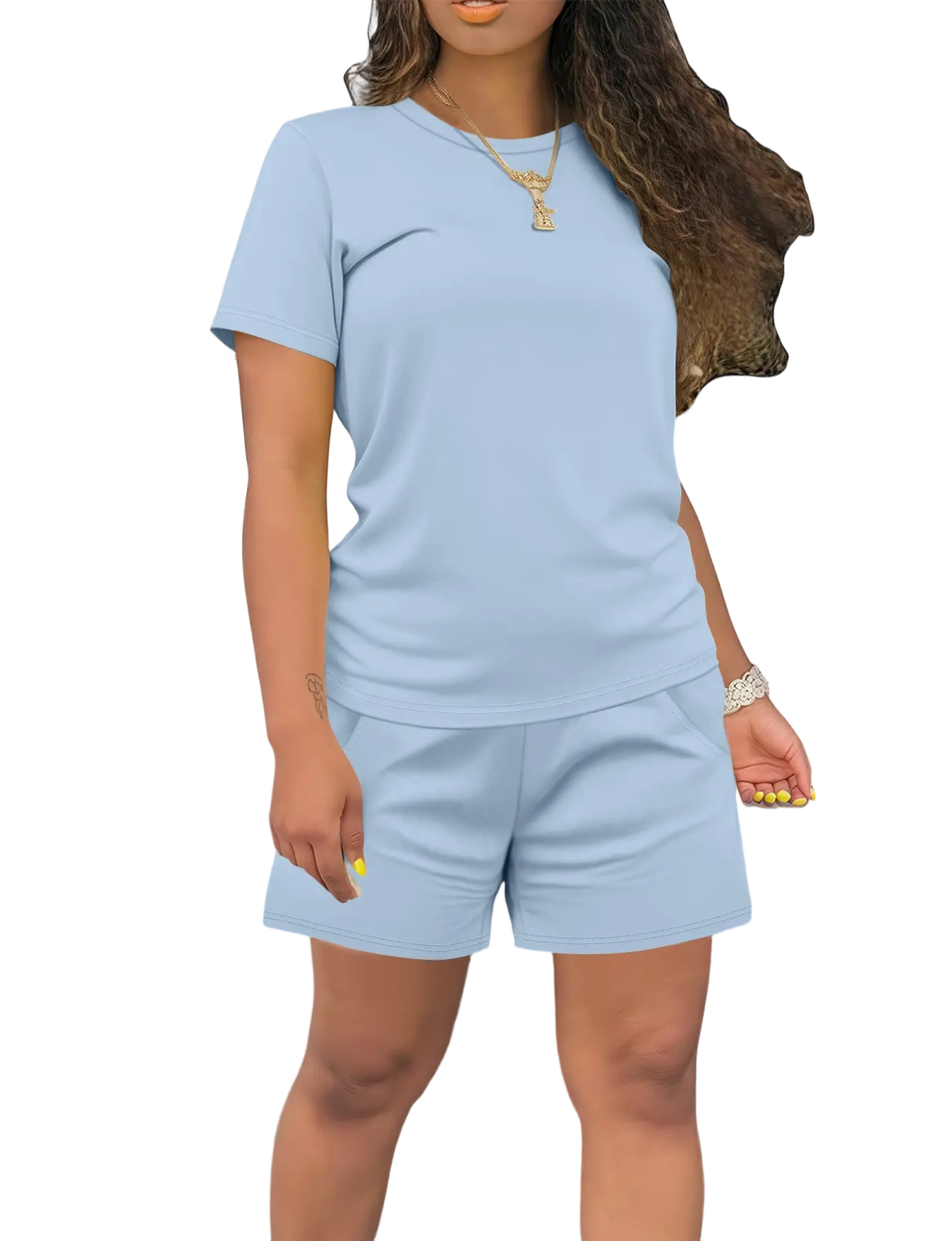 Women's Summer Casual Set, Regular Fit Short Sleeve Top & Shorts, Plain Color Women's, Comfortable Daily Wear Womenswear Fitted Outfit