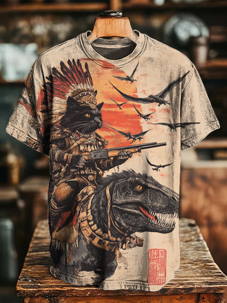 Men's Tribe Cat Dinosaur Japanese Art Print T-shirt