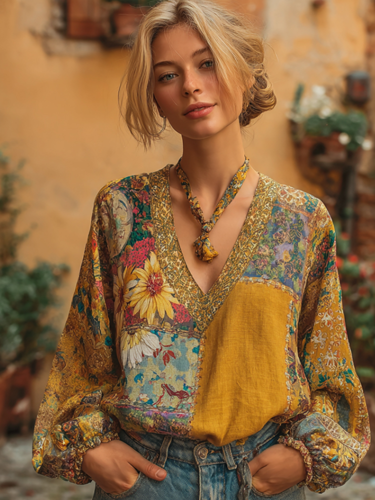 Women's Bohemian Patchwork Art Floral V-neck Linen Long Sleeve Top