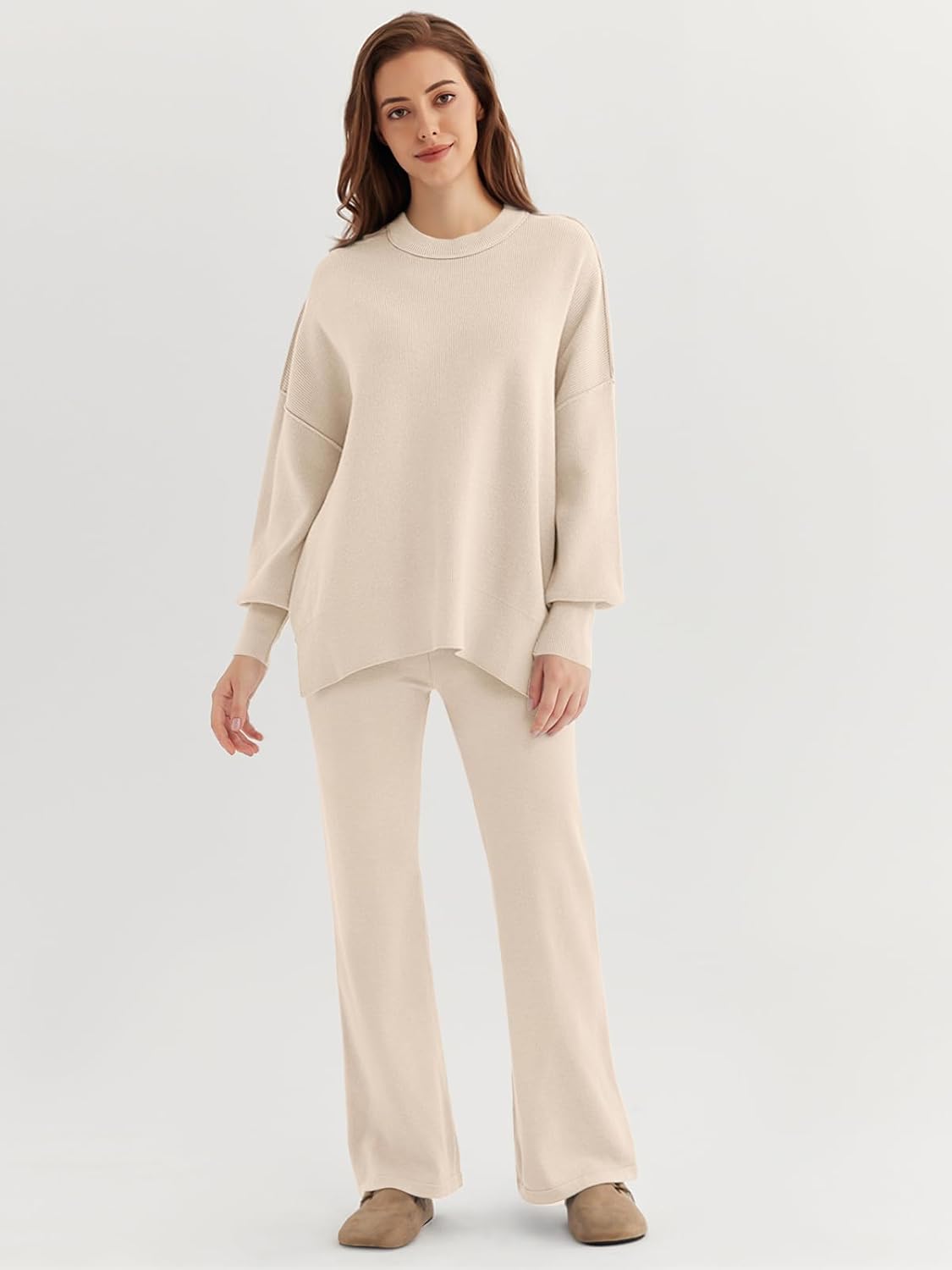 🎄Christmas Clearance 🔥Women 2 Piece Outfits Sweatsuit Sweater Sets Oversized Knit Pullover Tops Wide Leg Pants Lounge Set