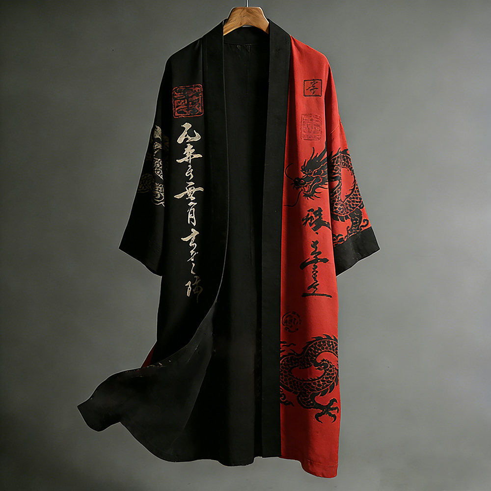 Retro Japanese Dragon Art Flowing Black And Red Contrasting Linen Long Kimono