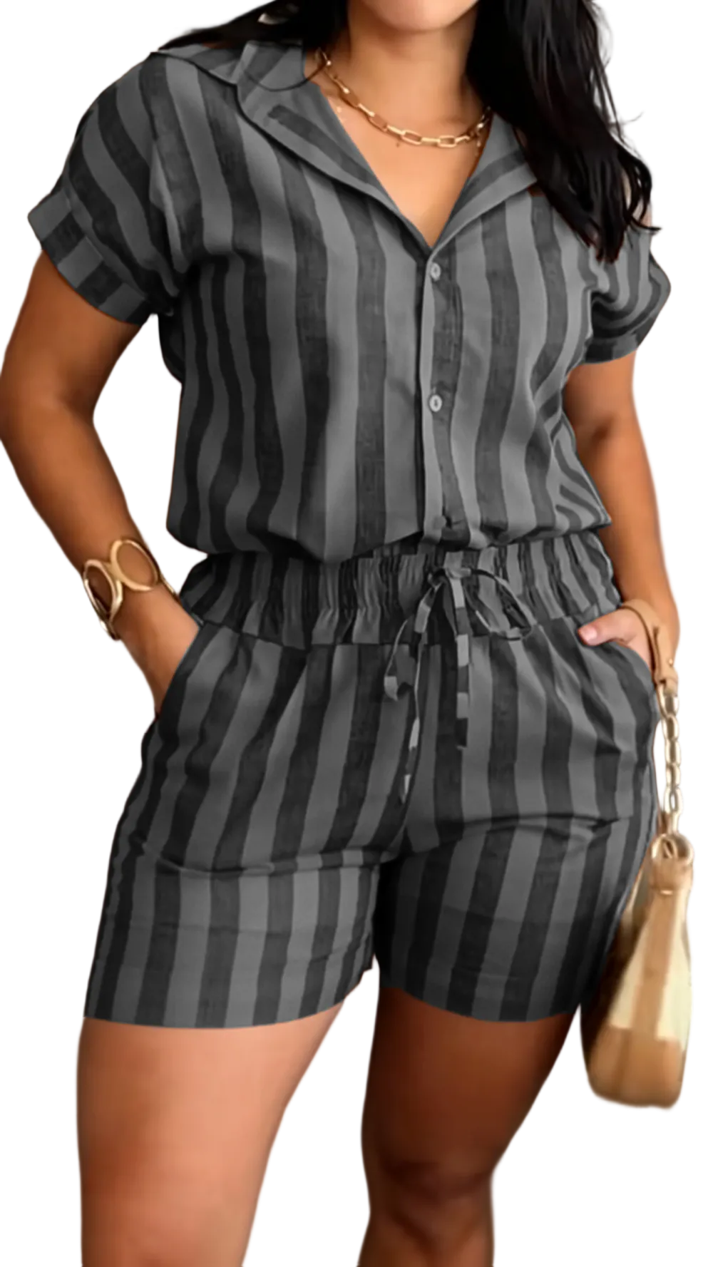 Women's Cotton Linen Striped Short Sleeve & Shorts Casual Set