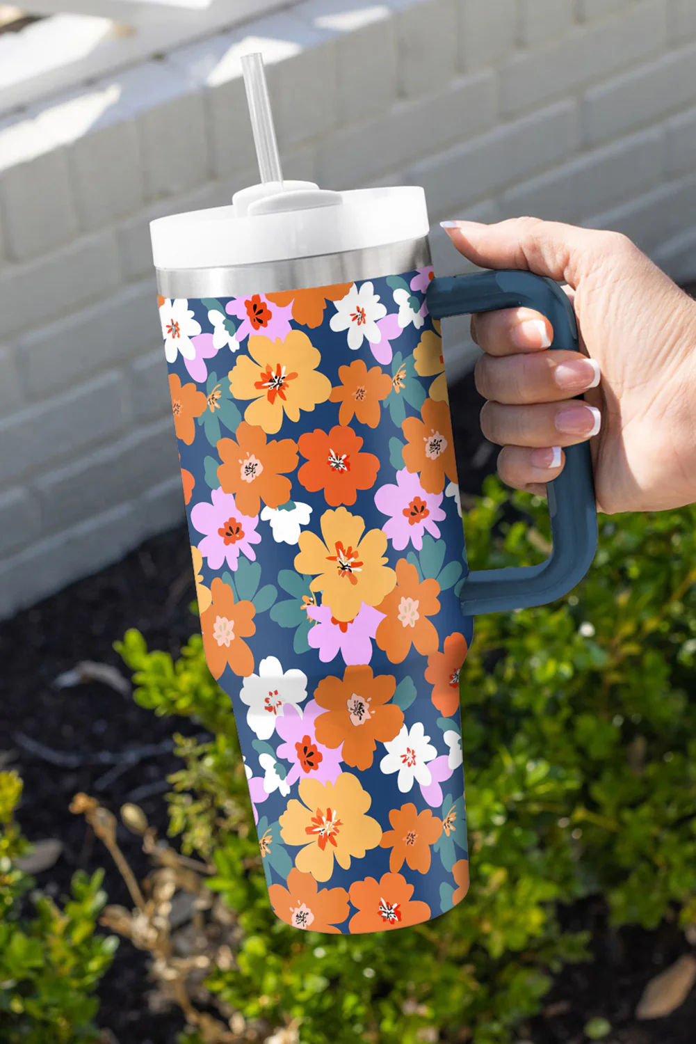Ashleigh Blue Flower Print Handle Large Thermal Tumbler 40oz