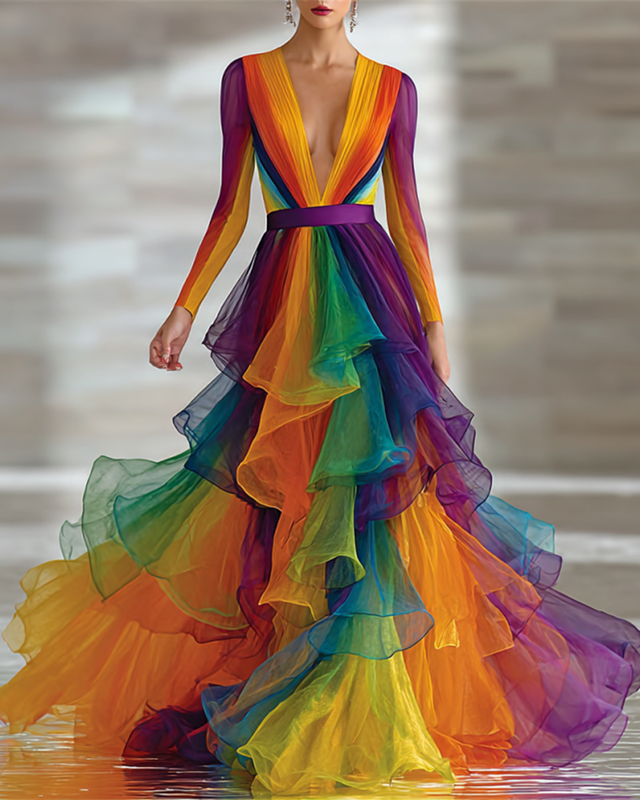 Women's fashionable bright rainbow tie-dyed cotton and linen dress  8587